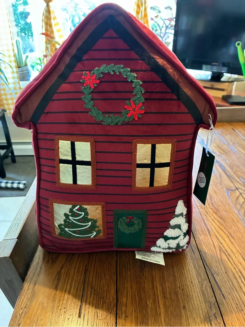 Hallmark Red Striped Holiday House Doorstop with Green Wreath and Tree Accents